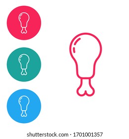 Red line Chicken leg icon isolated on white background. Chicken drumstick. Set icons in circle buttons. Vector Illustration