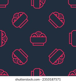 Red line Chow mein on plate icon isolated seamless pattern on black background. Asian food.  Vector