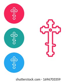 Red line Christian cross icon isolated on white background. Church cross. Set icons in circle buttons. Vector Illustration