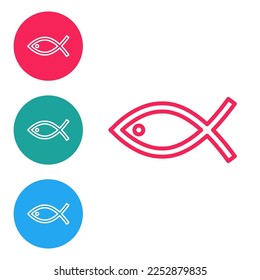 Red line Christian fish symbol icon isolated on white background. Jesus fish symbol. Set icons in circle buttons. Vector