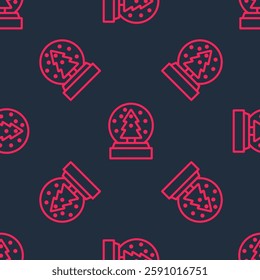 Red line Christmas snow globe with fallen snow and christmas tree icon isolated seamless pattern on black background. Merry Christmas and Happy New Year.  Vector