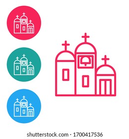 Red line Church building icon isolated on white background. Christian Church. Religion of church. Set icons in circle buttons. Vector Illustration