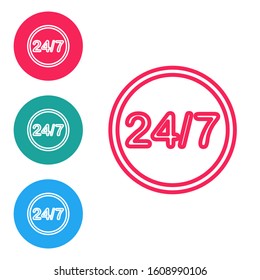 Red line Clock 24 hours icon isolated on white background. All day cyclic icon. 24 hours service symbol. Set icons in circle buttons. Vector Illustration