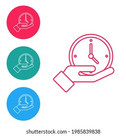 Rote Linie Uhrsymbol einzeln auf weißem Hintergrund. Zeitsymbol. Symbole in Kreisknöpfen einstellen. Vektorgrafik