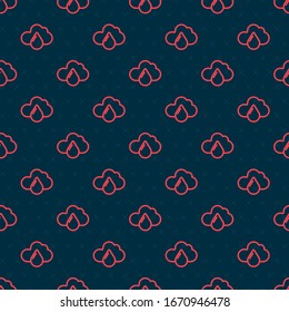 Red line Cloud with rain icon isolated seamless pattern on black background. Rain cloud precipitation with rain drops.  Vector Illustration