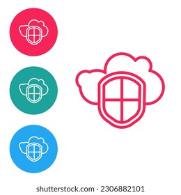 Red line Cloud and shield icon isolated on white background. Cloud storage data protection. Security, safety, protection, privacy concept. Set icons in circle buttons. Vector Illustration
