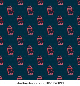 Red line Cocktail shaker with cocktail glass icon isolated seamless pattern on black background.  Vector