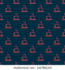 Red line Coffee cup icon isolated seamless pattern on black background. Tea cup. Hot drink coffee.  Vector Illustration