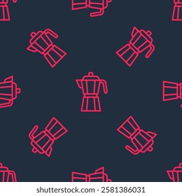 Red line Coffee maker moca pot icon isolated seamless pattern on black background.  Vector