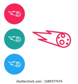 Red line Comet falling down fast icon isolated on white background. Set icons in circle buttons. Vector Illustration