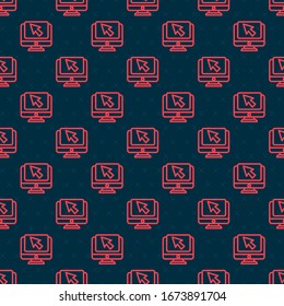Red line Computer monitor and cursor icon isolated seamless pattern on black background. Computer notebook with empty screen sign.  Vector Illustration