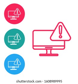 Red line Computer monitor with exclamation mark icon isolated on white background. Alert message smartphone notification. Set icons in circle buttons. Vector Illustration