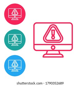 Red line Computer monitor with exclamation mark icon isolated on white background. Alert message smartphone notification. Set icons in circle buttons. Vector Illustration