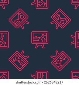 Red line Computer monitor with graph chart icon isolated seamless pattern on black background. Report text file icon. Accounting sign. Audit, analysis, planning.  Vector