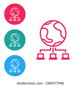 Red line Computer network icon isolated on white background. Online gaming. Laptop network. Internet connection. Set icons in circle buttons. Vector Illustration