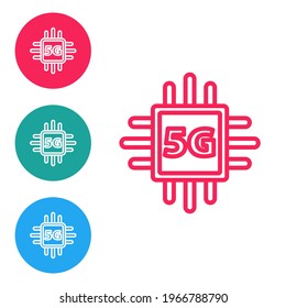 Red line Computer processor 5G with microcircuits CPU icon isolated on white background. Chip or cpu with circuit board. Micro processor. Set icons in circle buttons. Vector
