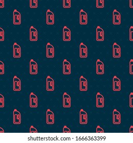 Red line Container with drain cleaner icon isolated seamless pattern on black background. Detergent in plastic bottle.  Vector Illustration