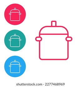 Icono de la olla de cocina de línea roja aislado en fondo blanco. Hervir o estofar el símbolo de la comida. Establezca los iconos en los botones de círculo. Vector