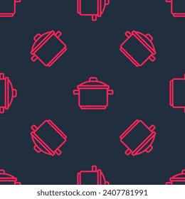 Red line Cooking pot icon isolated seamless pattern on black background. Boil or stew food symbol.  Vector