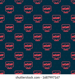 Red line Corona virus 2019-nCoV on location icon isolated seamless pattern on black background. Bacteria and germs, cell cancer, microbe, fungi.  Vector Illustration