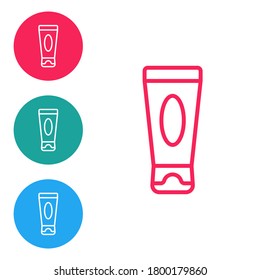 Red line Cream or lotion cosmetic tube icon isolated on white background. Body care products for men. Set icons in circle buttons. Vector Illustration