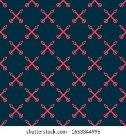 Icono de flechas cruzadas de línea roja aislado patrón sin fisuras en fondo negro.  Ilustración vectorial
