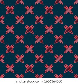 Red line Crossed pencil with eraser icon isolated seamless pattern on black background. Drawing and educational tools. School office symbol.  Vector Illustration