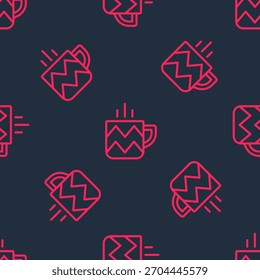 Red line Cup of tea icon isolated seamless pattern on black background.  Vector