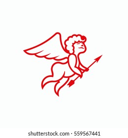 Red Line Cupid with an arrow on a white background. Vector Amor illustration for a card on Valentine's Day. Wedding decoration with an angel.