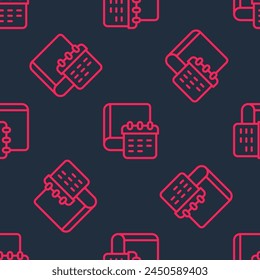 Icono de bloc de notas diario de papel aislado patrón sin fisuras sobre fondo negro.  Vector