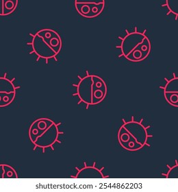 Icono de ciclo de noche de día de línea roja aislado sin patrón sobre fondo negro. Concepto de día noche, sol y luna.  Vector