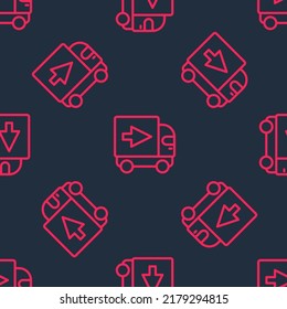 Red line Delivery cargo truck vehicle icon isolated seamless pattern on black background.  Vector