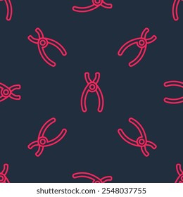 Red line Dental pliers icon isolated seamless pattern on black background. Dental equipment.  Vector