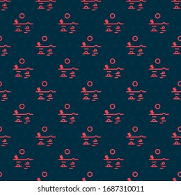 Red line Desert landscape with cactus icon isolated seamless pattern on black background.  Vector Illustration