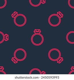 Icono de anillo de compromiso de diamante de línea roja aislado patrón sin fisuras sobre fondo negro.  Vector