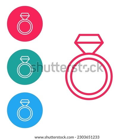 Red line Diamond engagement ring icon isolated on white background. Set icons in circle buttons. Vector
