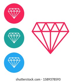 Red line Diamond icon isolated on white background. Jewelry symbol. Gem stone. Set icons in circle buttons. Vector Illustration