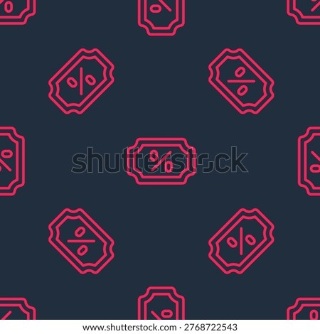 Red line Discount percent tag icon isolated seamless pattern on black background. Shopping tag sign. Special offer sign. Discount coupons symbol.  Vector