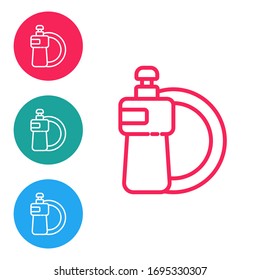 Red line Dishwashing liquid bottle and plate icon isolated on white background. Liquid detergent for washing dishes. Set icons in circle buttons. Vector Illustration