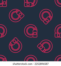 Red line Dishwashing liquid bottle and plate icon isolated seamless pattern on black background. Liquid detergent for washing dishes.  Vector