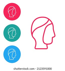 Red line Diving hood icon isolated on white background. Spearfishing hat winter swim hood. Diving underwater equipment. Set icons in circle buttons. Vector