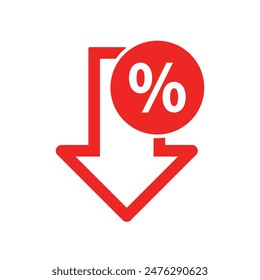 Red Line Down Arrow with Percentage for Business and Finance and Pictogram Element Vector Illustration Isolated on Transparent Background