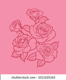 A red line drawing of a bouquet of red roses on a pink backdrop. Vector illustration.