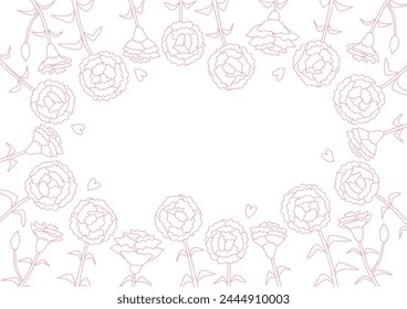 Red line drawing carnation frame design. Vector illustration. The blank space in the middle is text space. White background.