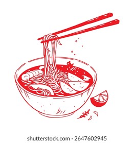 A red line drawing depicts a bowl of steaming noodles being lifted by red chopsticks. Slices of lime and herbs are visible around the bowl.