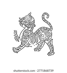 A red line drawing features a stylized tiger with a curled tail and body adorned with intricate swirling patterns and details