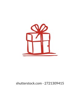 Un dibujo de línea roja de una caja de regalo con una cinta y un lazo sobre un fondo blanco.
