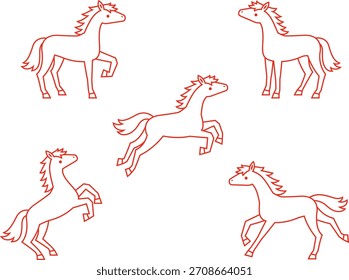 Red line drawing illustration set of horses in various poses