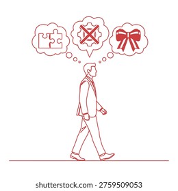 A red line drawing of a man walking to the right with three thought bubbles above his head. The bubbles contain a puzzle piece, a gear with an X through it, and a bow. The image is a simple line drawi