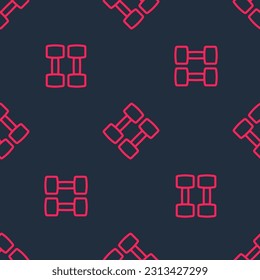 Red line Dumbbell icon isolated seamless pattern on black background. Muscle lifting, fitness barbell, sports equipment.  Vector